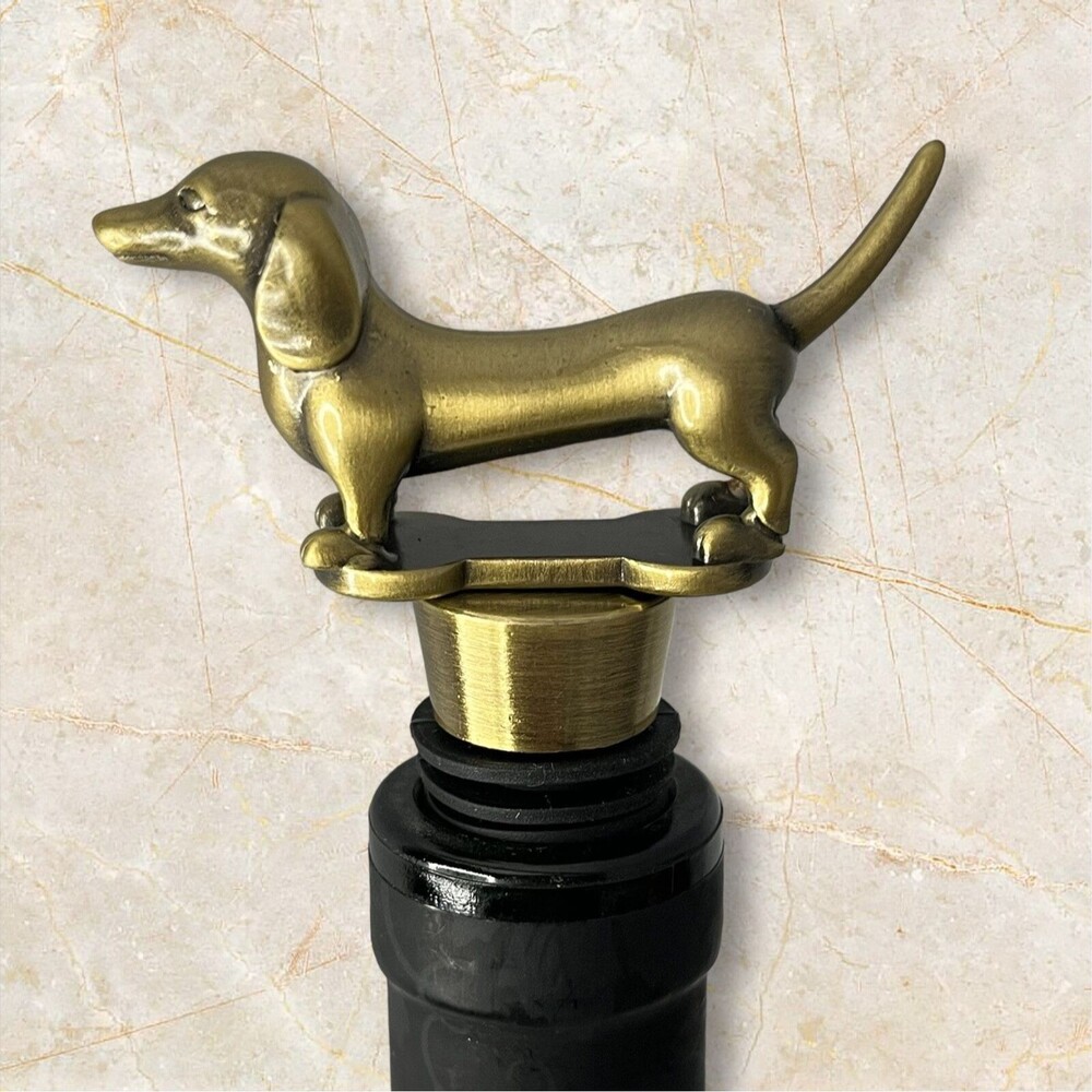 Doxie Weiner Dachshund Dog Wine Bottle Stopper in Gold - Picture 2 of 5
